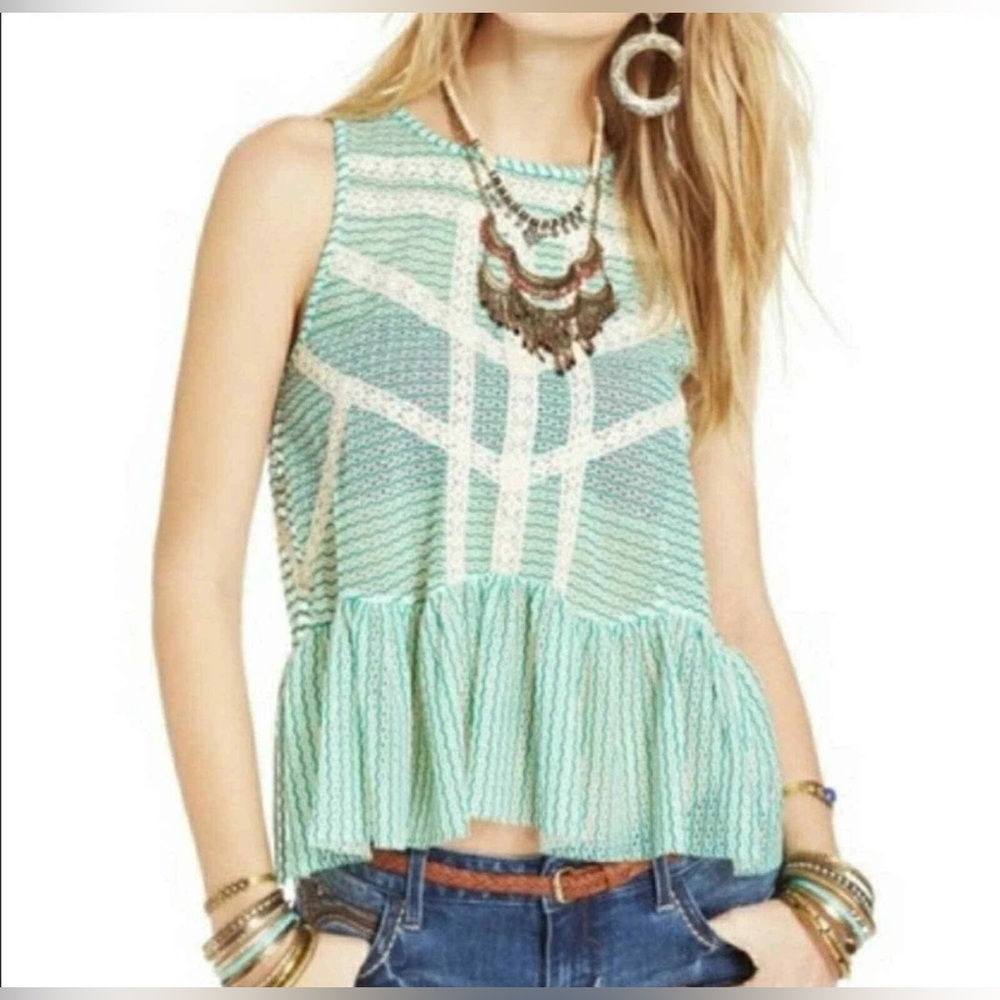 FREE PEOPLE || Loose Weave Crochet Turquoise & Lace Sleeveless Peplum Top XS - Picture 10 of 12